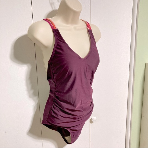 KONA SOL Macrame Straps High Coverage One Piece Swimsuit AFK71 Burgundy Medium - Picture 3 of 15